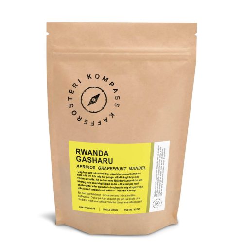 En påse Rwanda Gasharu ljusrostat fruktigt kaffe från Kompass kafferosteri