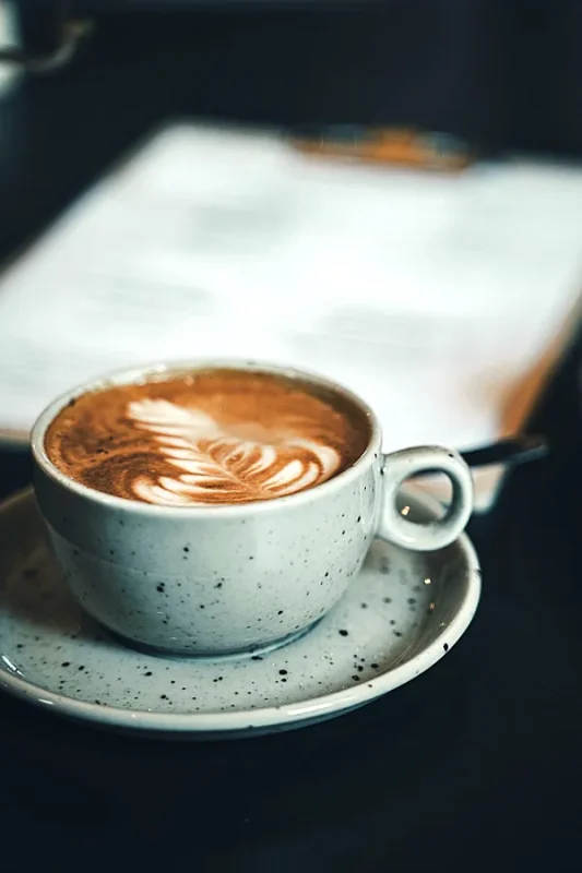 En cappuccino i kopp med latte art rosetta